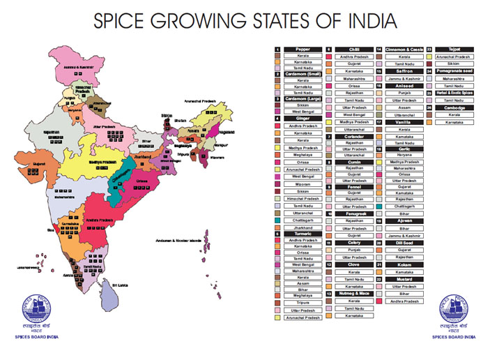 India Map showing Spices Grown States